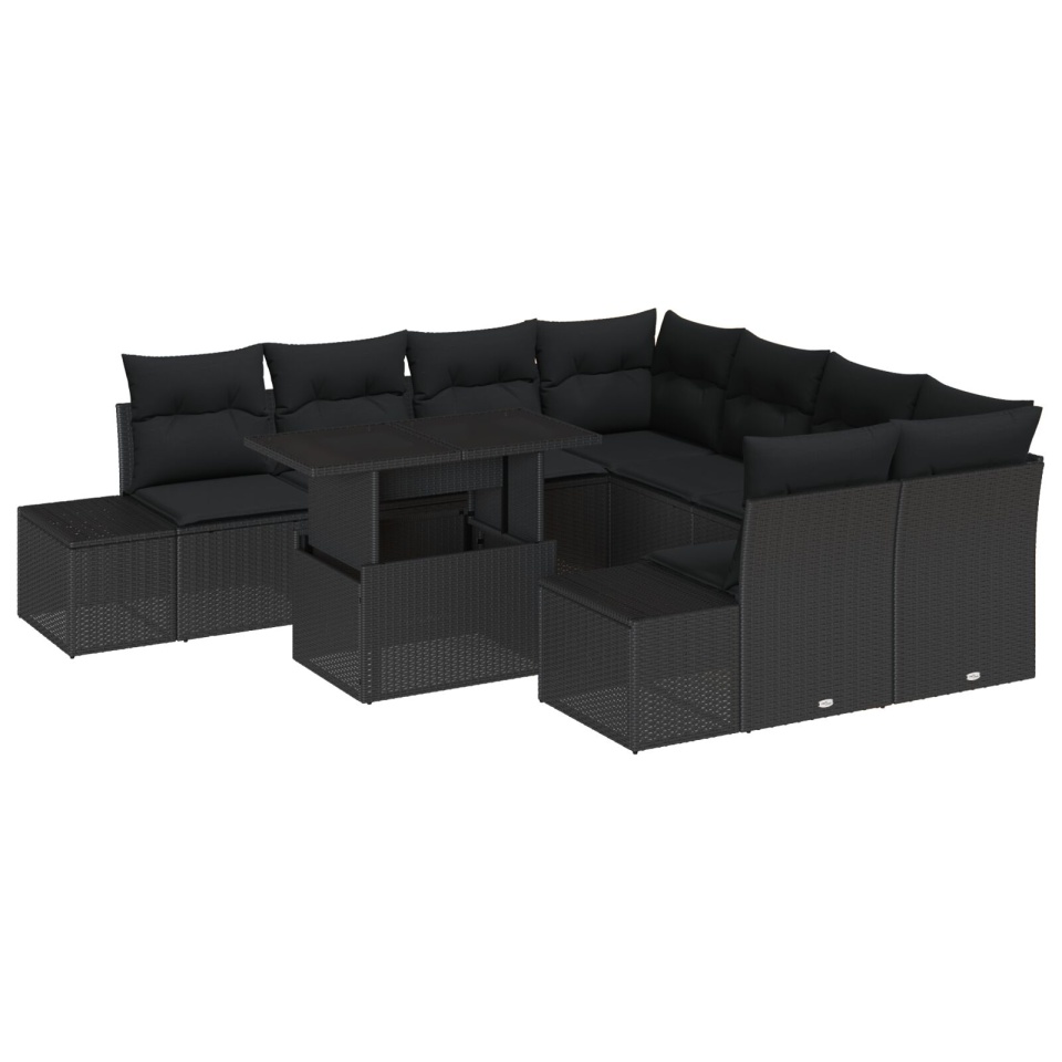 Set Sofă Grădină 9 Piese Negru Ratan, Poliester, Sticlă - 1 | YEO