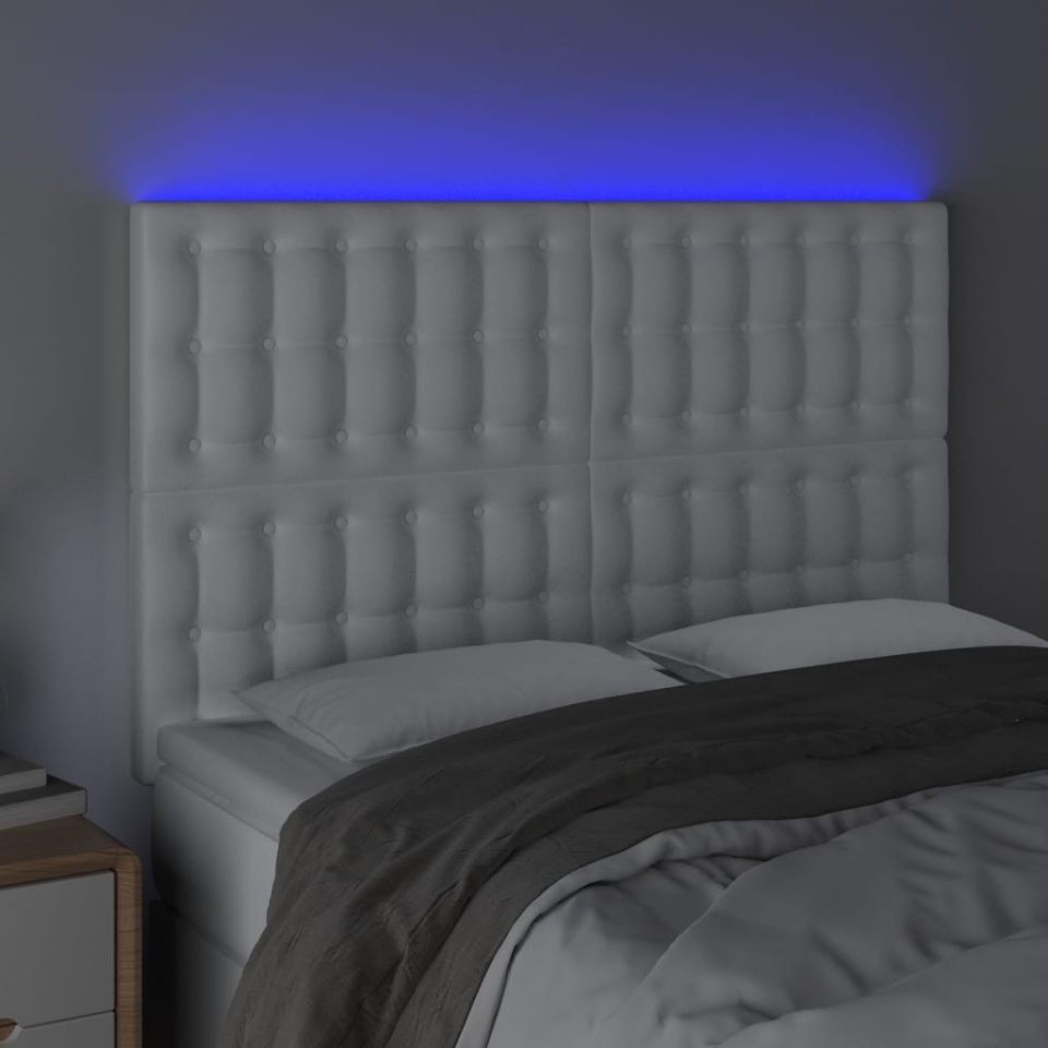 Tăblie de pat cu LED, alb, 144x5x118/128 cm, piele ecologică - 2 | YEO
