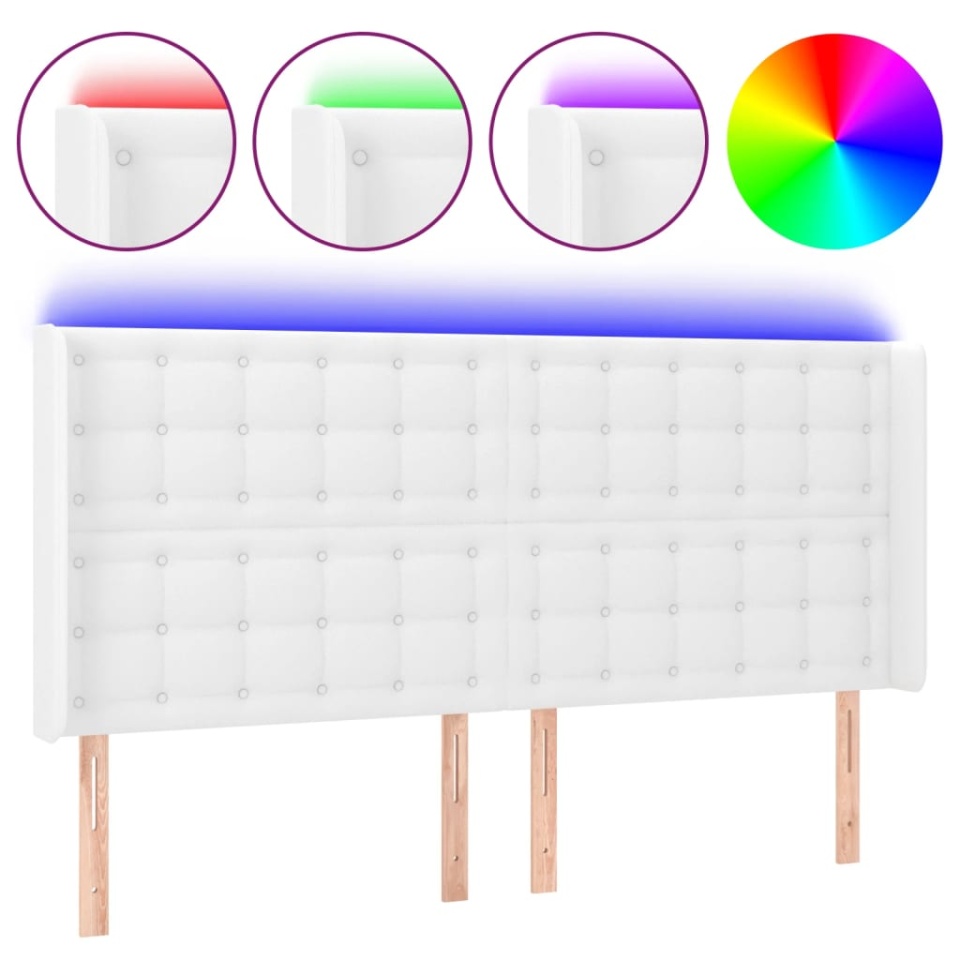 Tăblie de pat cu LED, alb, 203x16x118/128 cm, piele ecologică - 1 | YEO