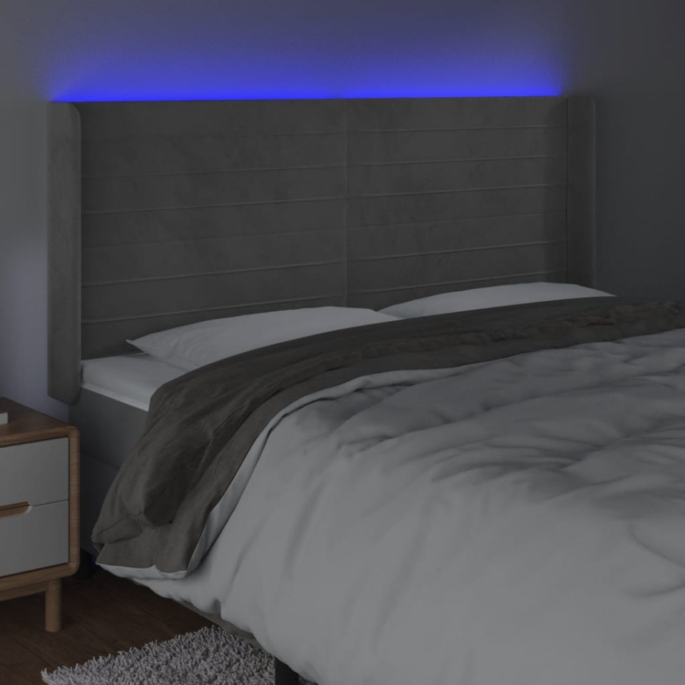 Tăblie de pat cu LED, gri deschis, 183x16x118/128 cm, catifea - 3 | YEO