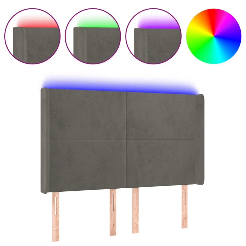 Tăblie de pat cu LED, gri închis, 147x16x118/128 cm, catifea - 1 | YEO