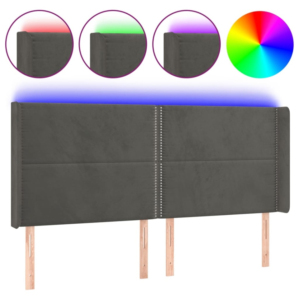Tăblie de pat cu LED, gri închis, 183x16x118/128 cm, catifea - 1 | YEO
