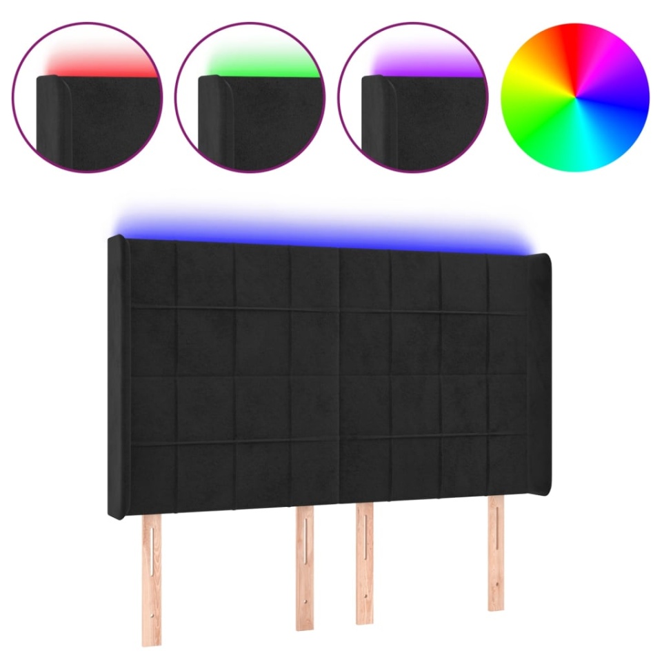 Tăblie de pat cu LED, negru, 147x16x118/128 cm, catifea - 1 | YEO