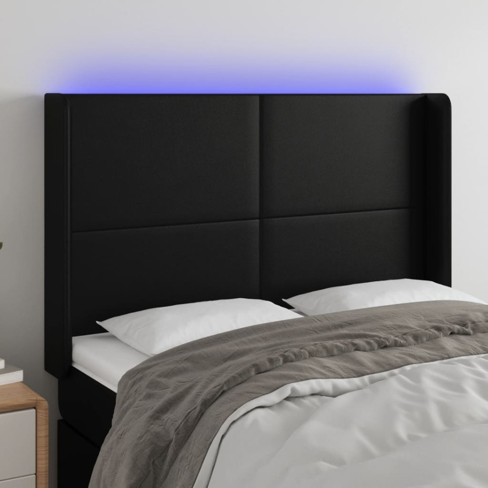 Tăblie de pat cu LED, negru, 147x16x118/128 cm, piele ecologică