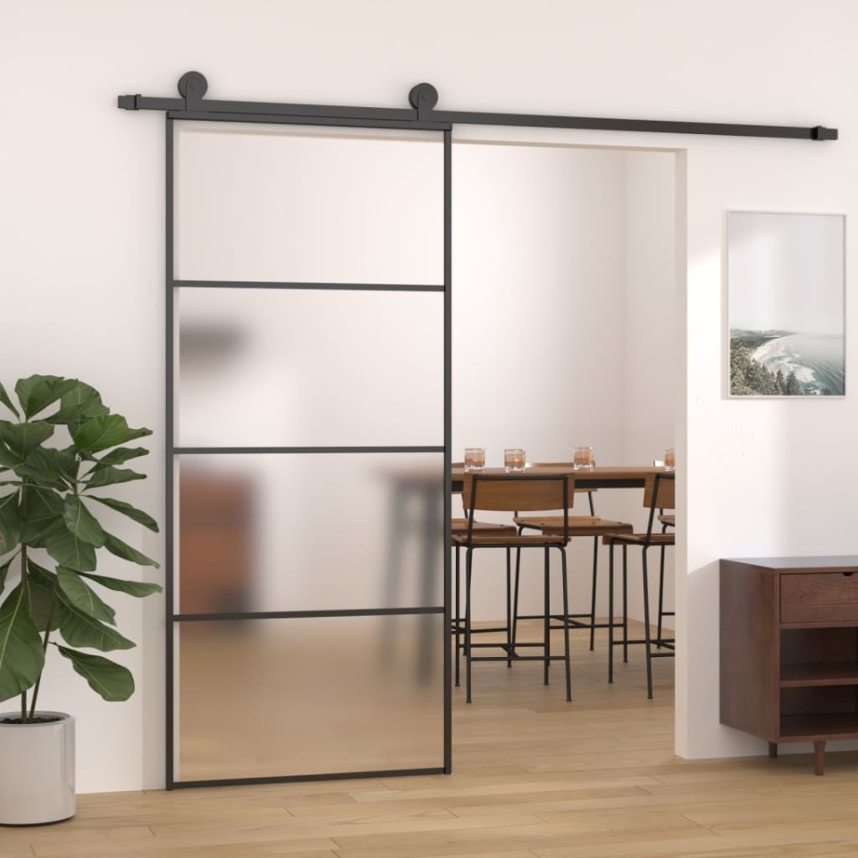 Ușă glisantă, negru, 90x205 cm, sticlă ESG mată și aluminiu