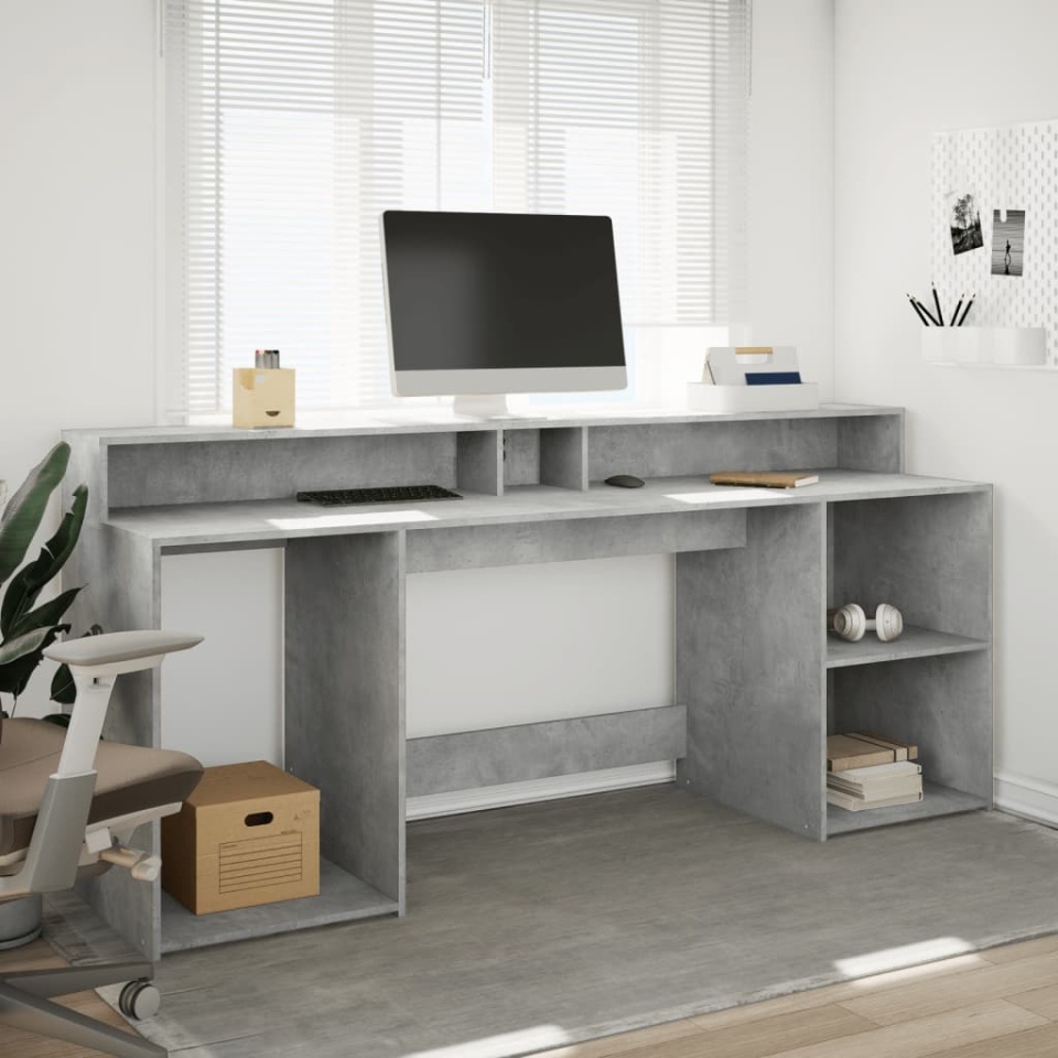 Birou cu lumini LED, gri beton, 200x55x91 cm, lemn prelucrat - 3 | YEO