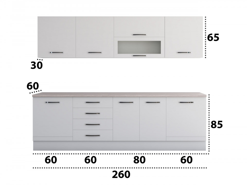 Bucatarie Alfa 260, Cu vitrina, Alb, Blat termic travertin