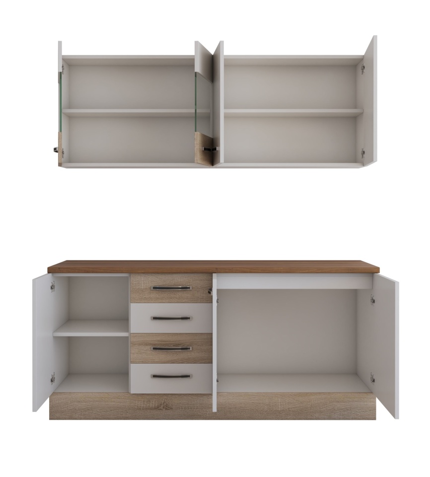 Bucatarie alfa cu vitrina 180 cm, alb / sonoma, blat termic nuc - 2 | YEO