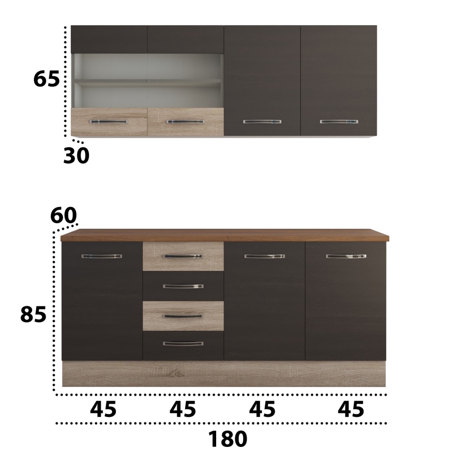 Bucatarie alfa cu vitrina 180 cm, wenge / sonoma, blat termic nuc - 3 | YEO