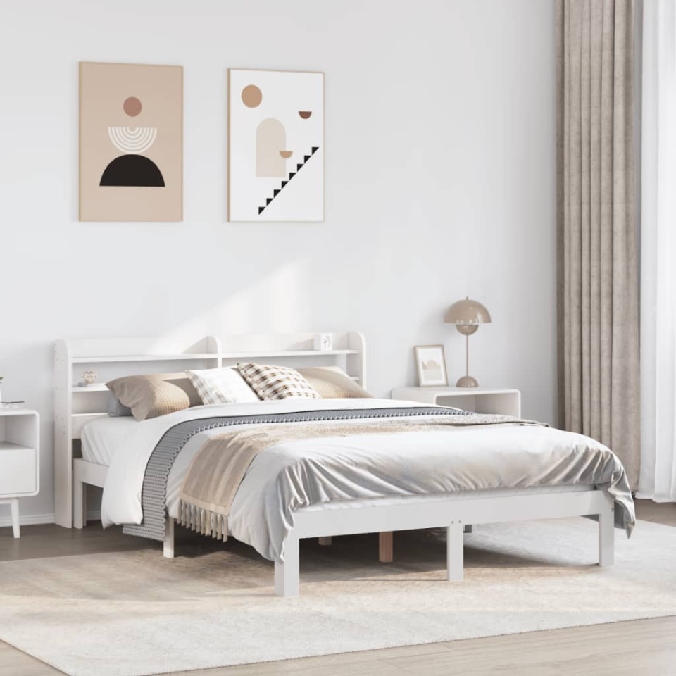 Cadru de pat cu tăblie, alb, 135x190 cm, lemn masiv de pin