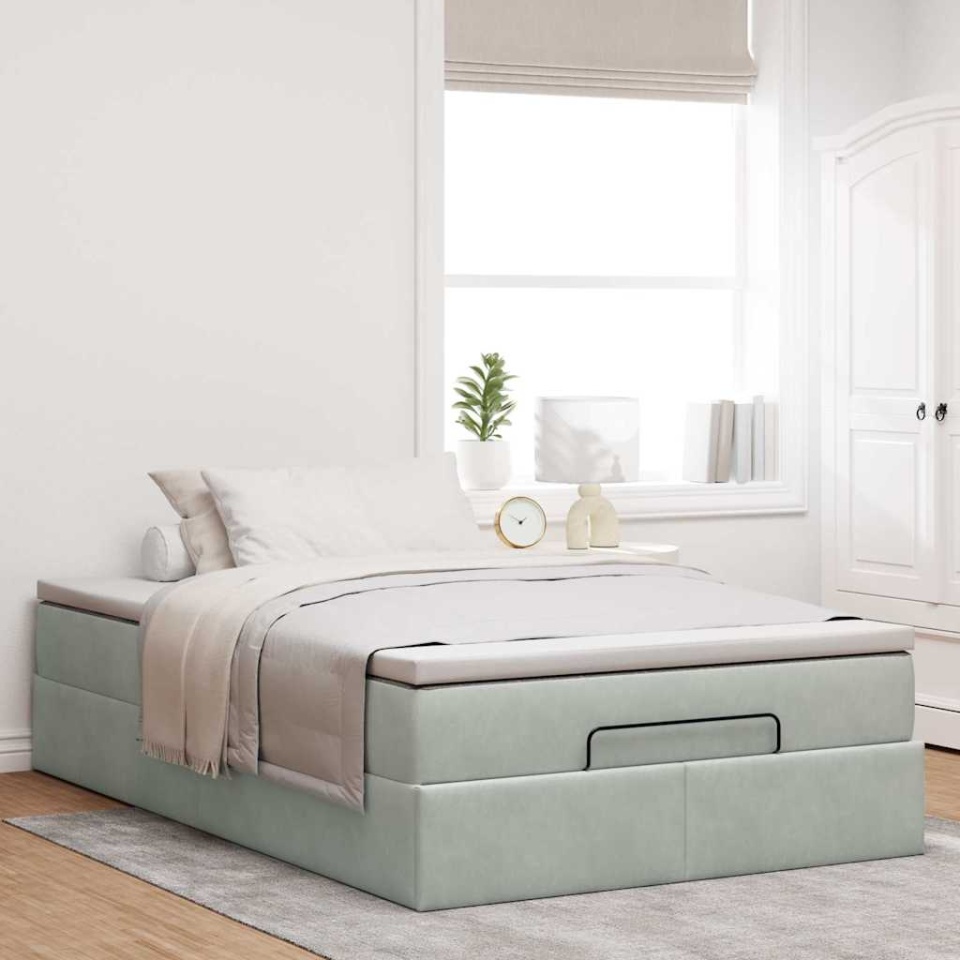 Cadru de pat otoman cu saltea Gri deschis 120x200cm catifea - 2 | YEO