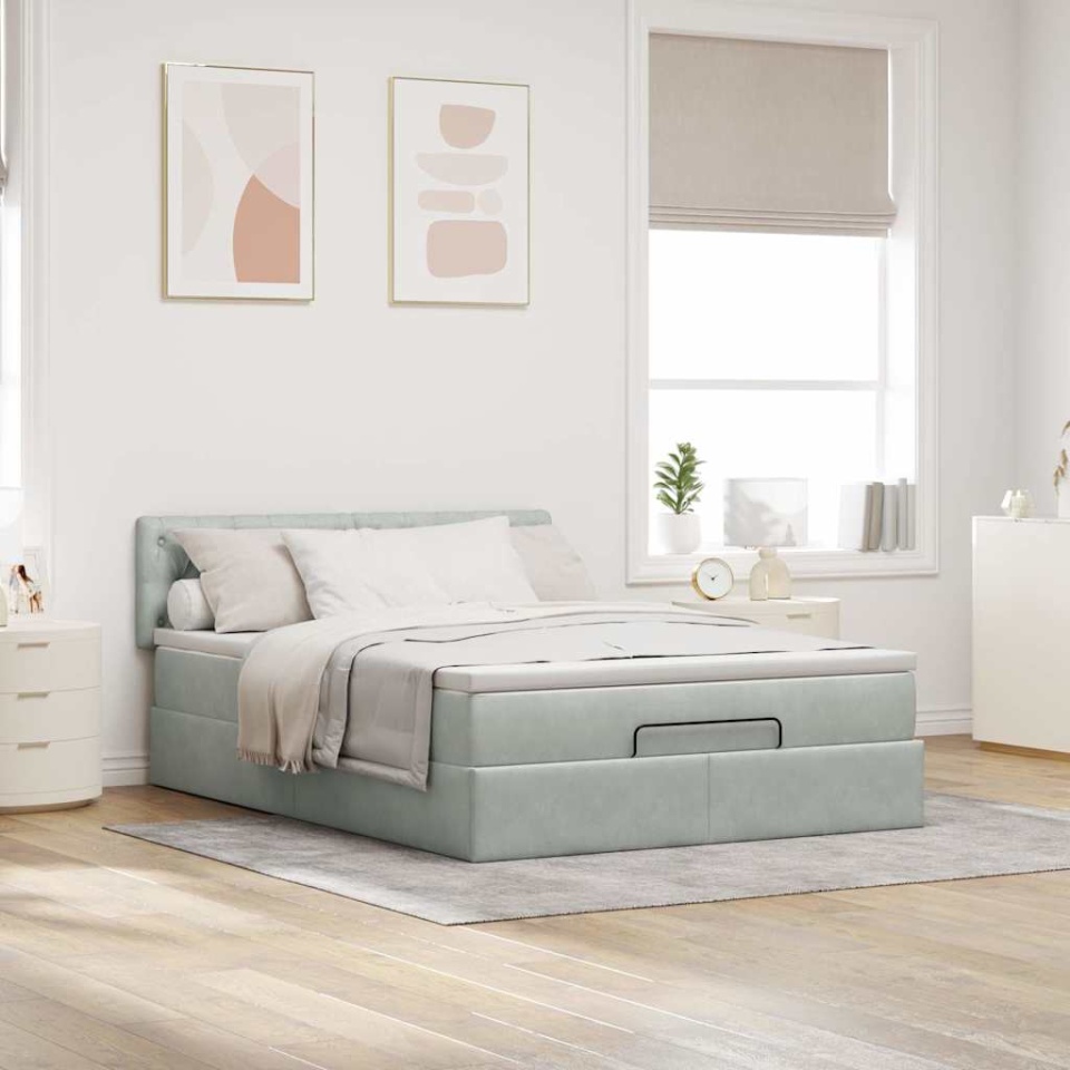 Cadru de pat otoman cu saltea Gri deschis 140x190cm catifea - 2 | YEO