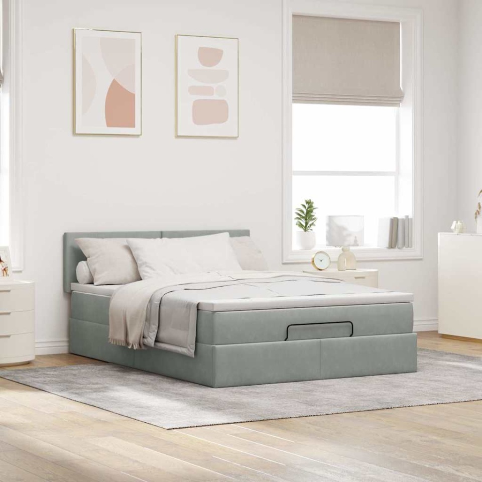 Cadru de pat otoman cu saltea Gri deschis 140x200cm catifea - 2 | YEO