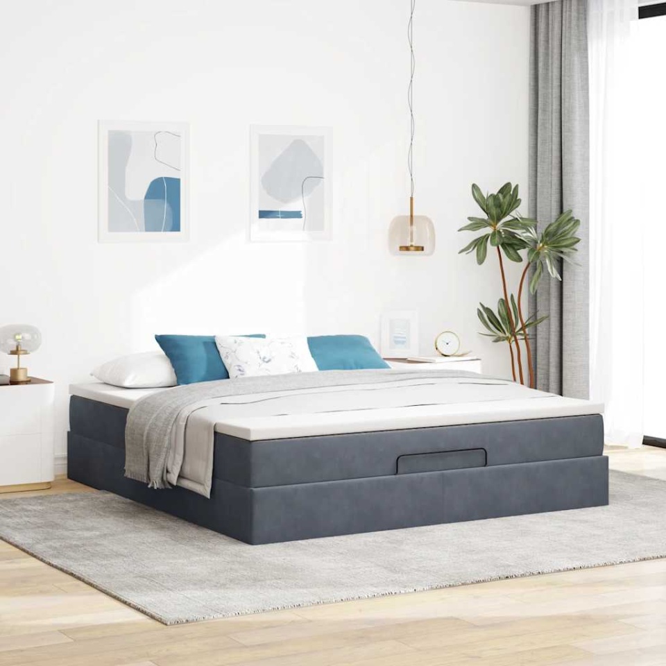 Cadru de pat otoman cu saltea Gri închis 160x200cm catifea - 2 | YEO