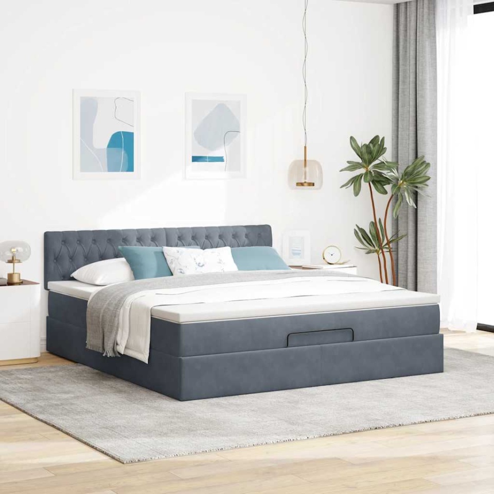 Cadru de pat otoman cu saltea Gri închis 180x200cm catifea - 2 | YEO