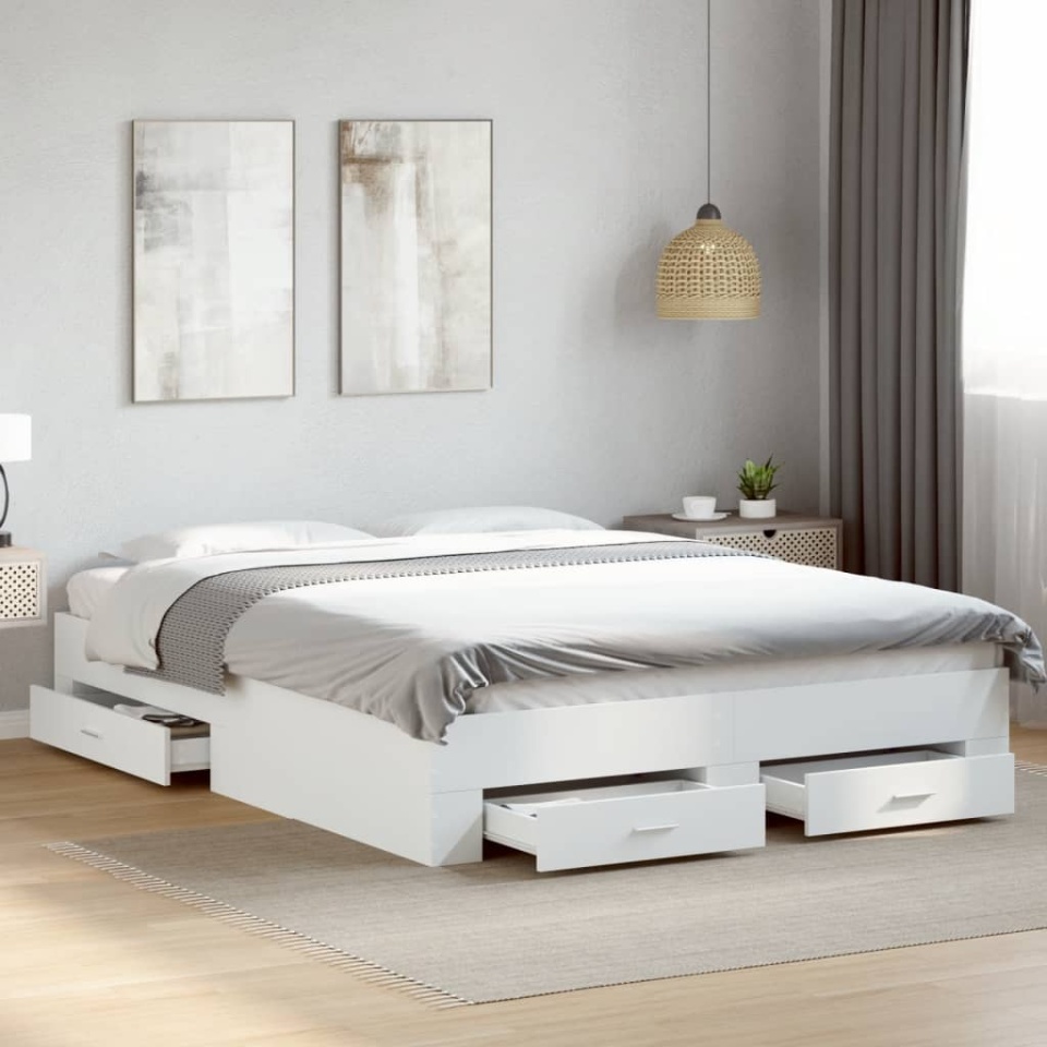 Cadru pat cu sertare alb extralucios 140x200 cm, lemn prelucrat