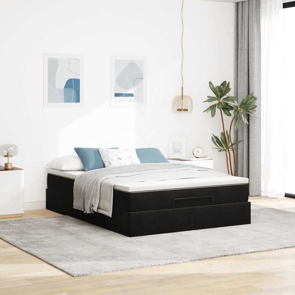 Cadru pat otoman cu saltea, catifea neagră 140x200cm - 2 | YEO
