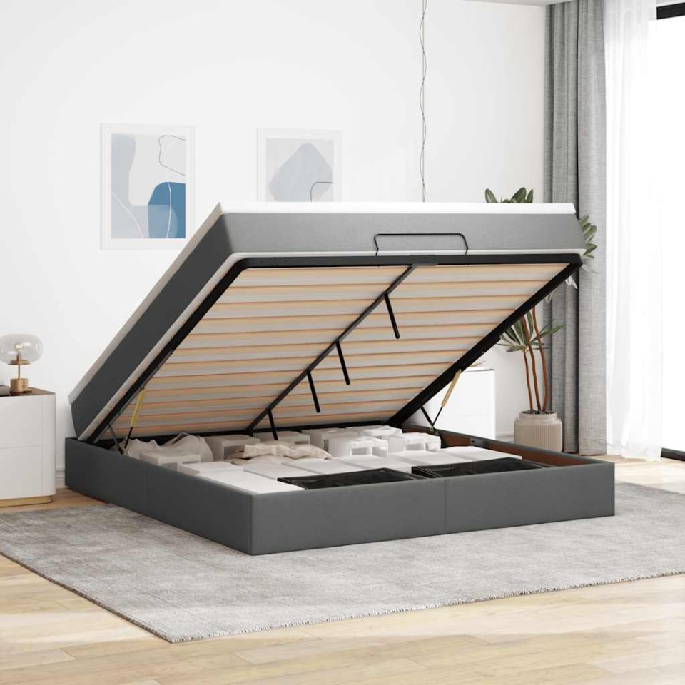 Cadru pat otoman cu saltea țesătură gri închis 180x200 cm
