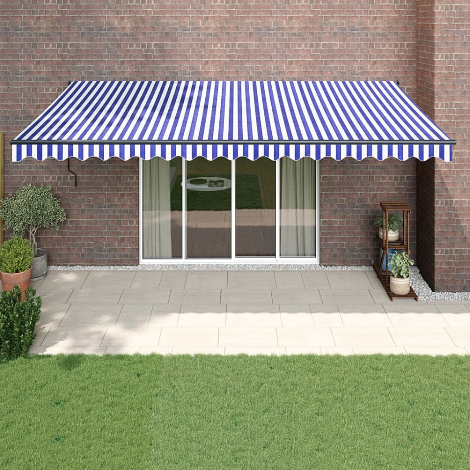 Copertină retractabilă albastru/alb, 5x3 m, textil/aluminiu