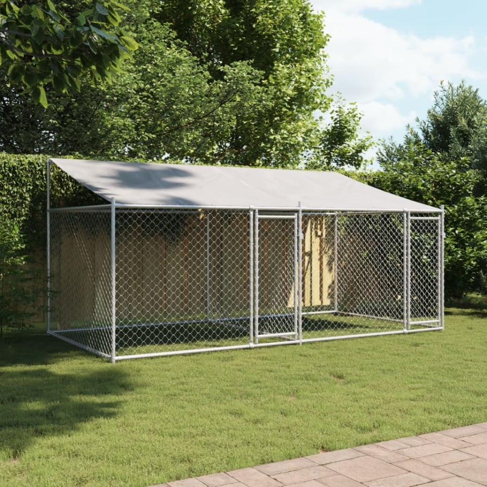 Cușcă câini cu acoperiș și uși, gri, 4x2x2 m, oțel galvanizat - 2 | YEO