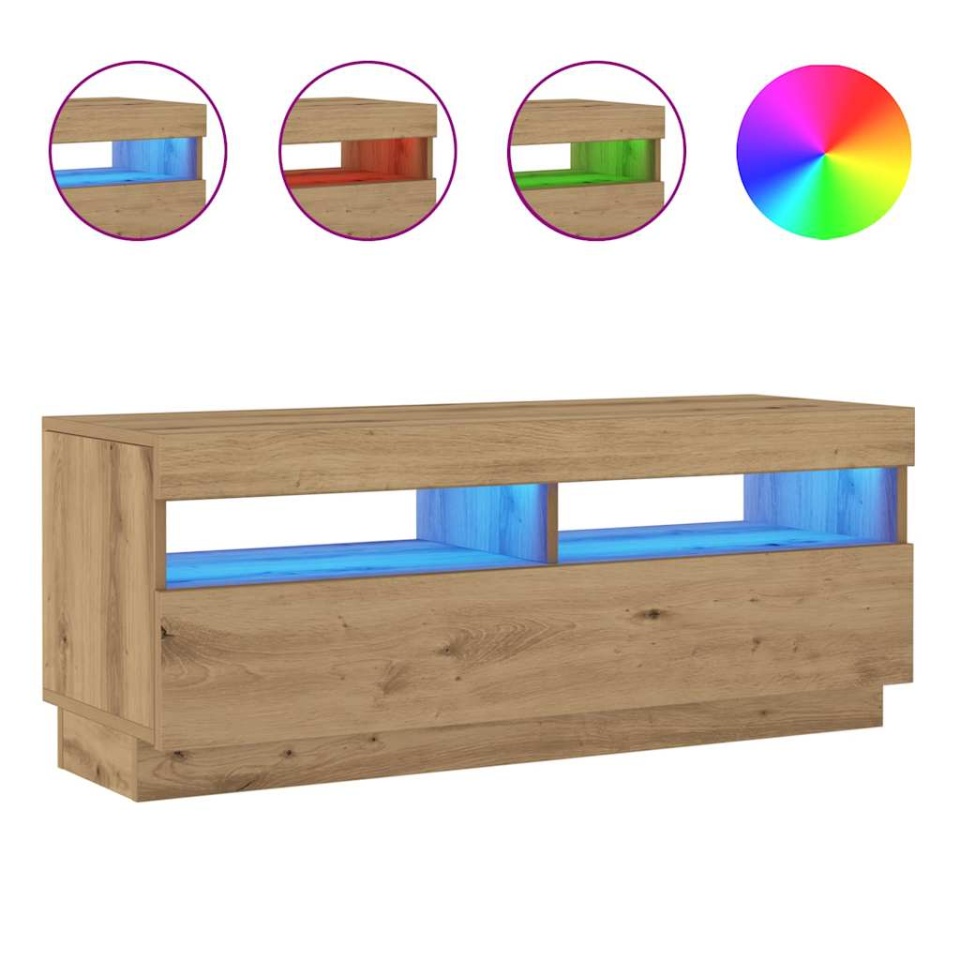 Dulap TV lumini LED stejar artizanal 100x35x40cm lemn prelucrat - 1 | YEO