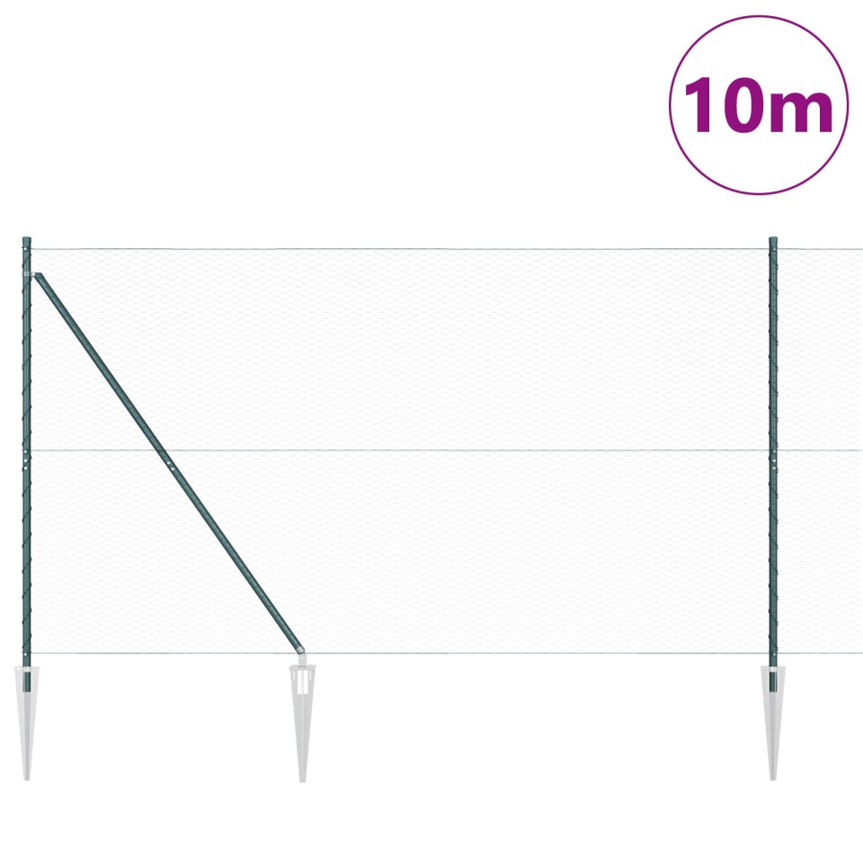 Hexagon Fence Verde 1,5x10 m Oțel, Stâlpi de împrejmuire cu spike 7 buc Ø32 mm 170 cm Oțel galvanizat - 2 | YEO