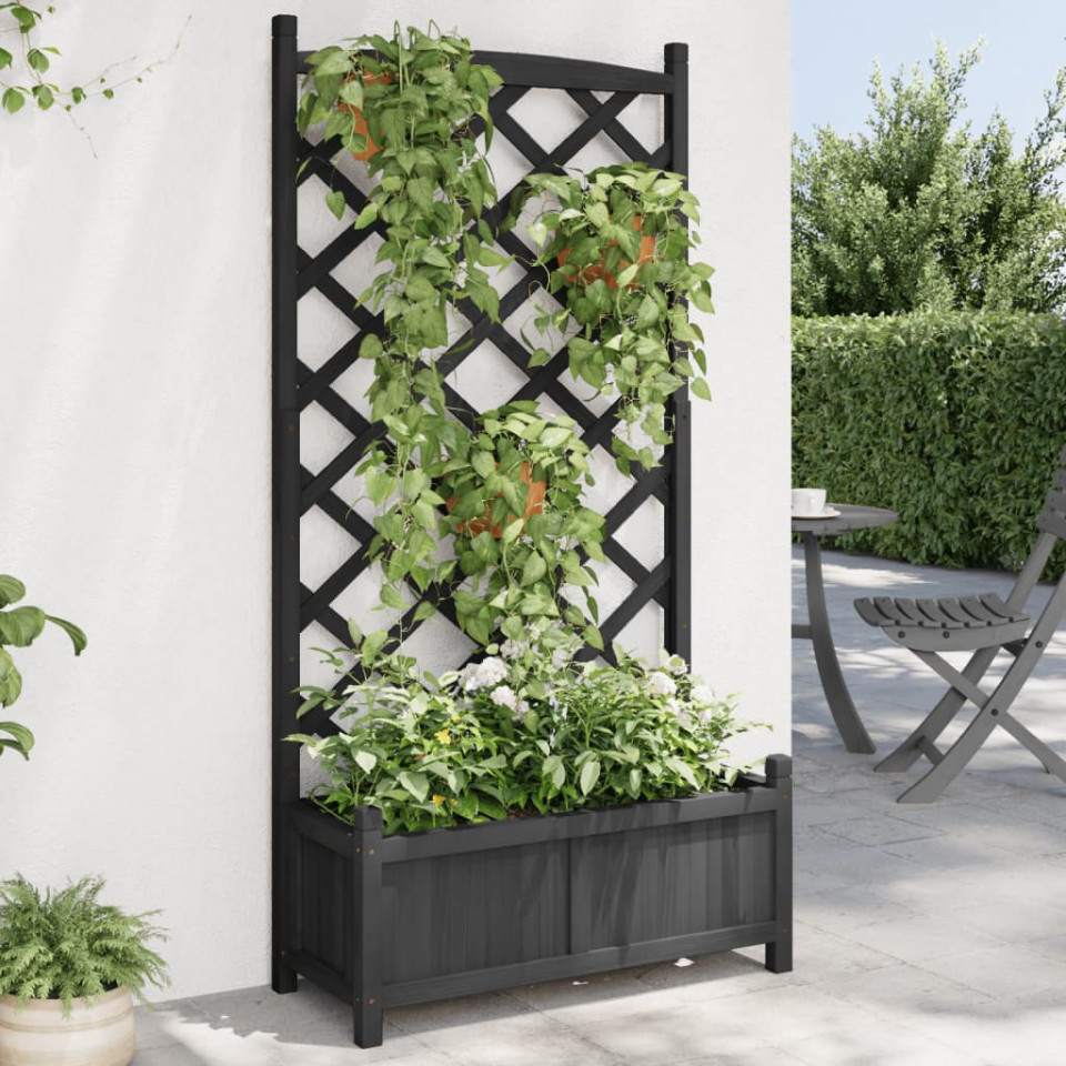 Jardinieră cu spalier, negru, lemn masiv de brad