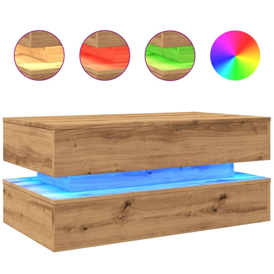 Măsuță de cafea cu lumini LED, stejar artizanal, 90x50x40 cm - 1 | YEO