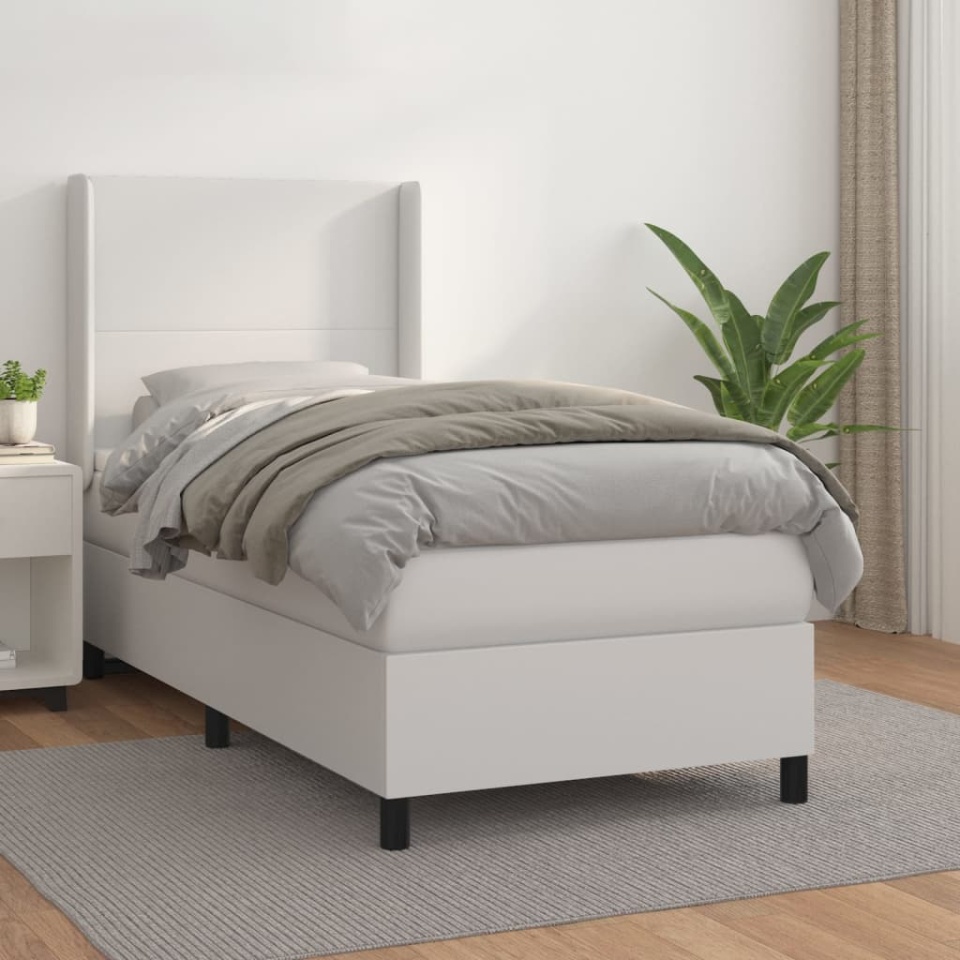 Pat box spring cu saltea, alb, 90x200 cm, piele ecologică