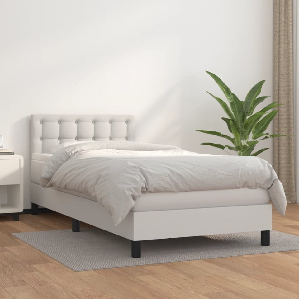 Pat box spring cu saltea, alb, 90x200 cm, piele ecologică