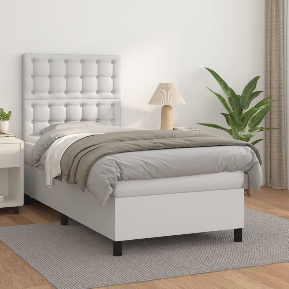 Pat box spring cu saltea, alb, 90x200 cm, piele ecologică