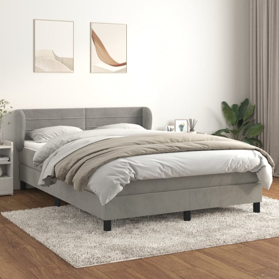 Pat box spring cu saltea, gri deschis, 140x190 cm, catifea