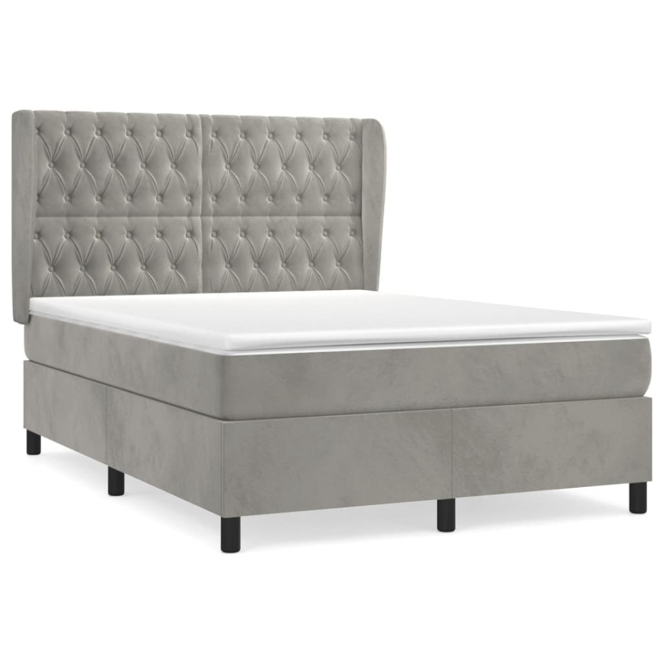 Pat box spring cu saltea, gri deschis, 140x190 cm, catifea - 1 | YEO