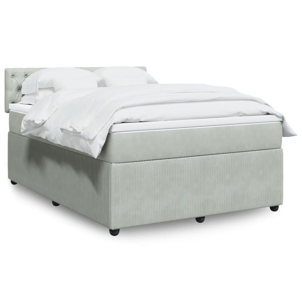 Pat box spring cu saltea, gri deschis, 160x200 cm, catifea