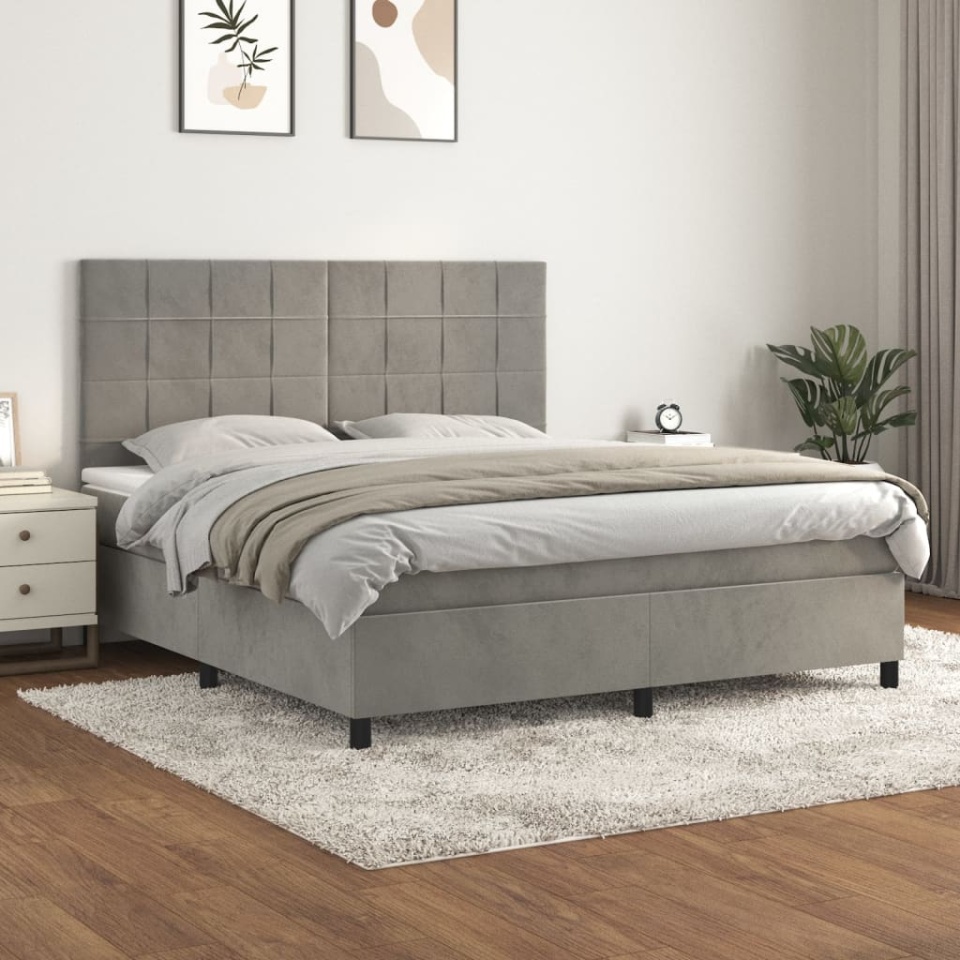 Pat box spring cu saltea, gri deschis, 180x200 cm, catifea