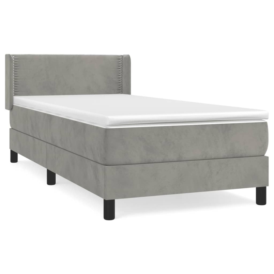 Pat box spring cu saltea, gri deschis, 90x190 cm, catifea - 1 | YEO