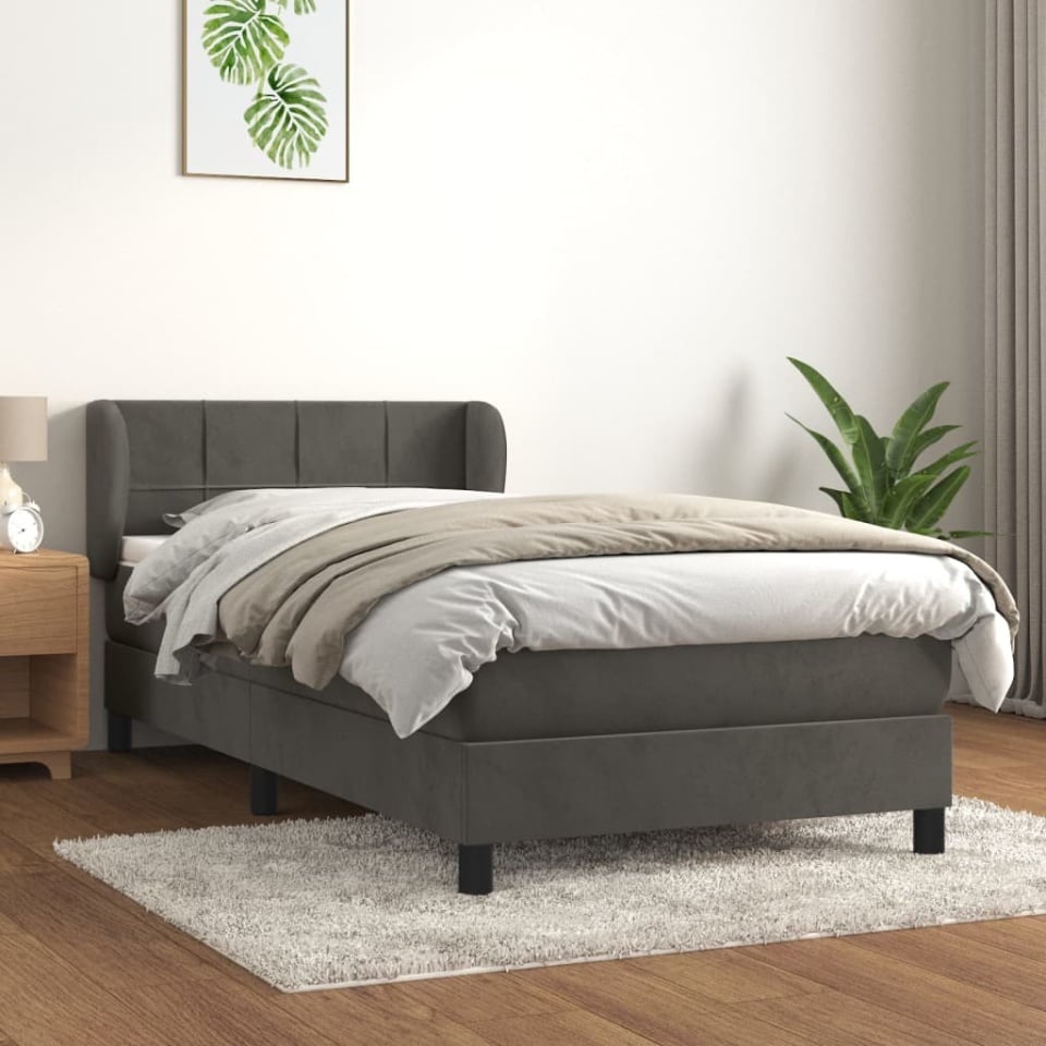 Pat box spring cu saltea, gri închis, 90x200 cm, catifea