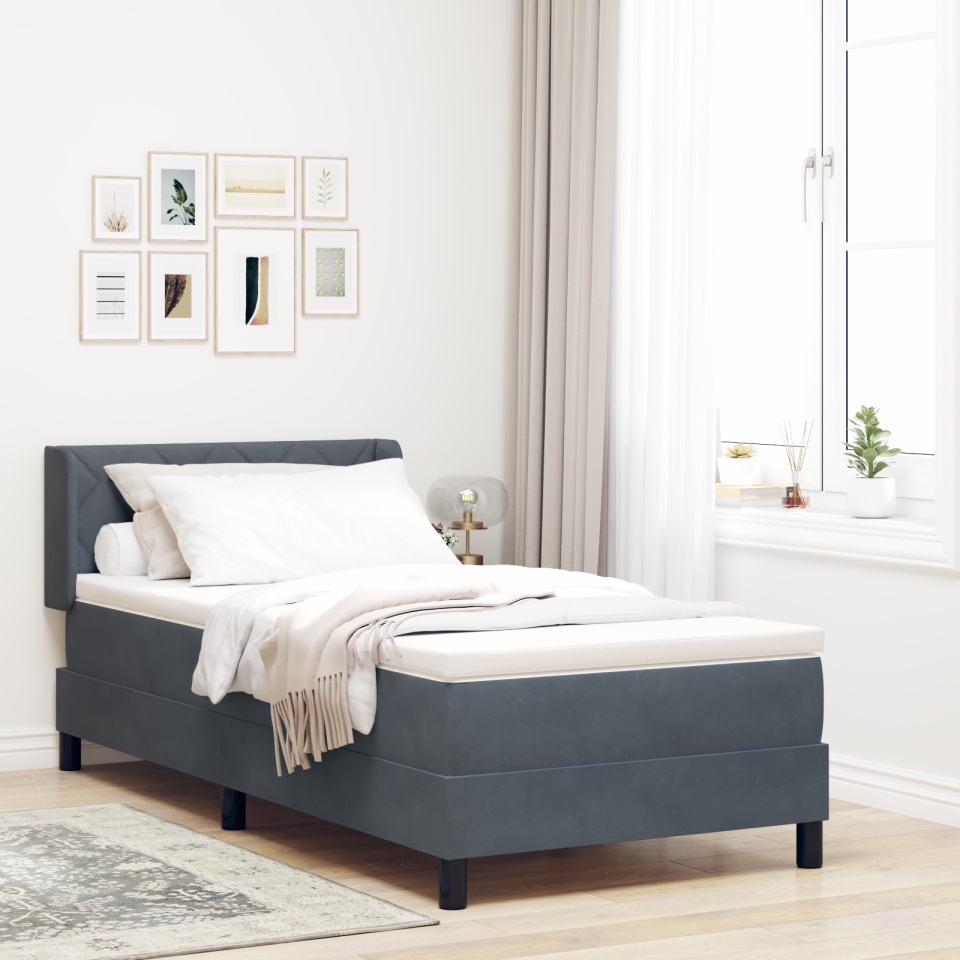 Pat box spring cu saltea, gri închis, 90x200 cm, catifea
