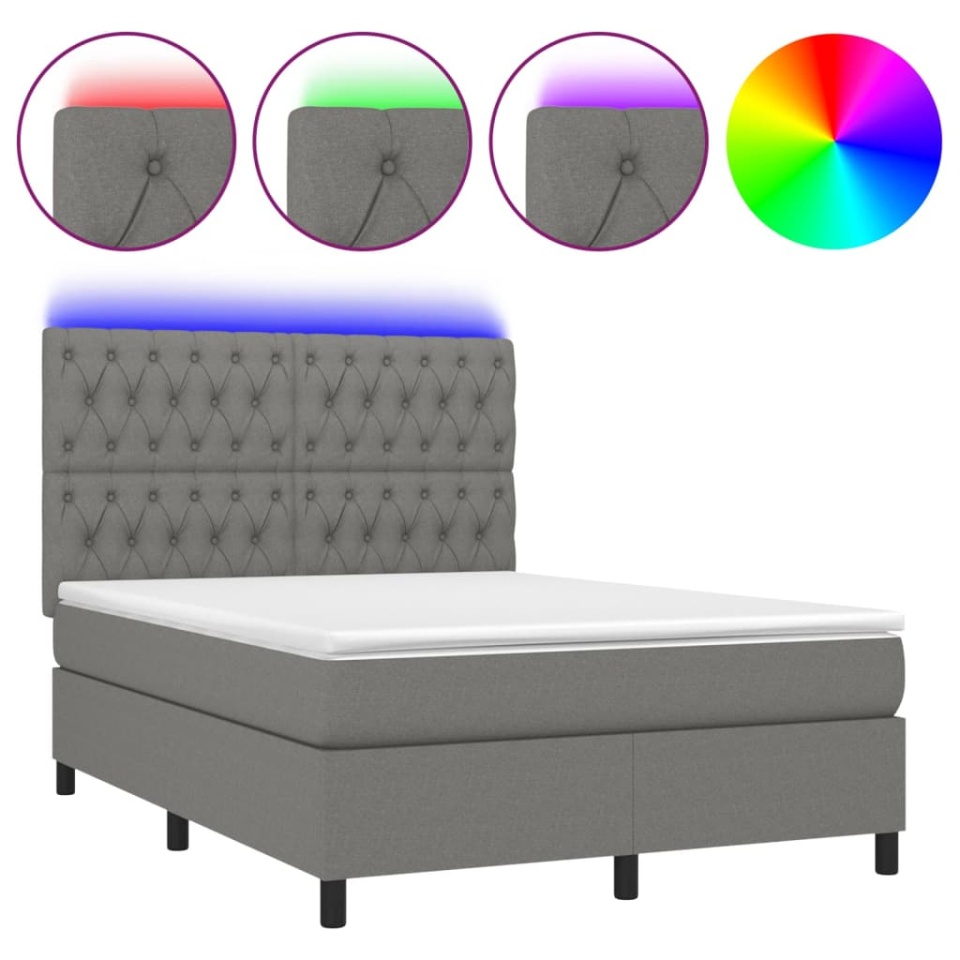 Pat cu arcuri, saltea și LED, gri închis, 140x190 cm, textil - 1 | YEO