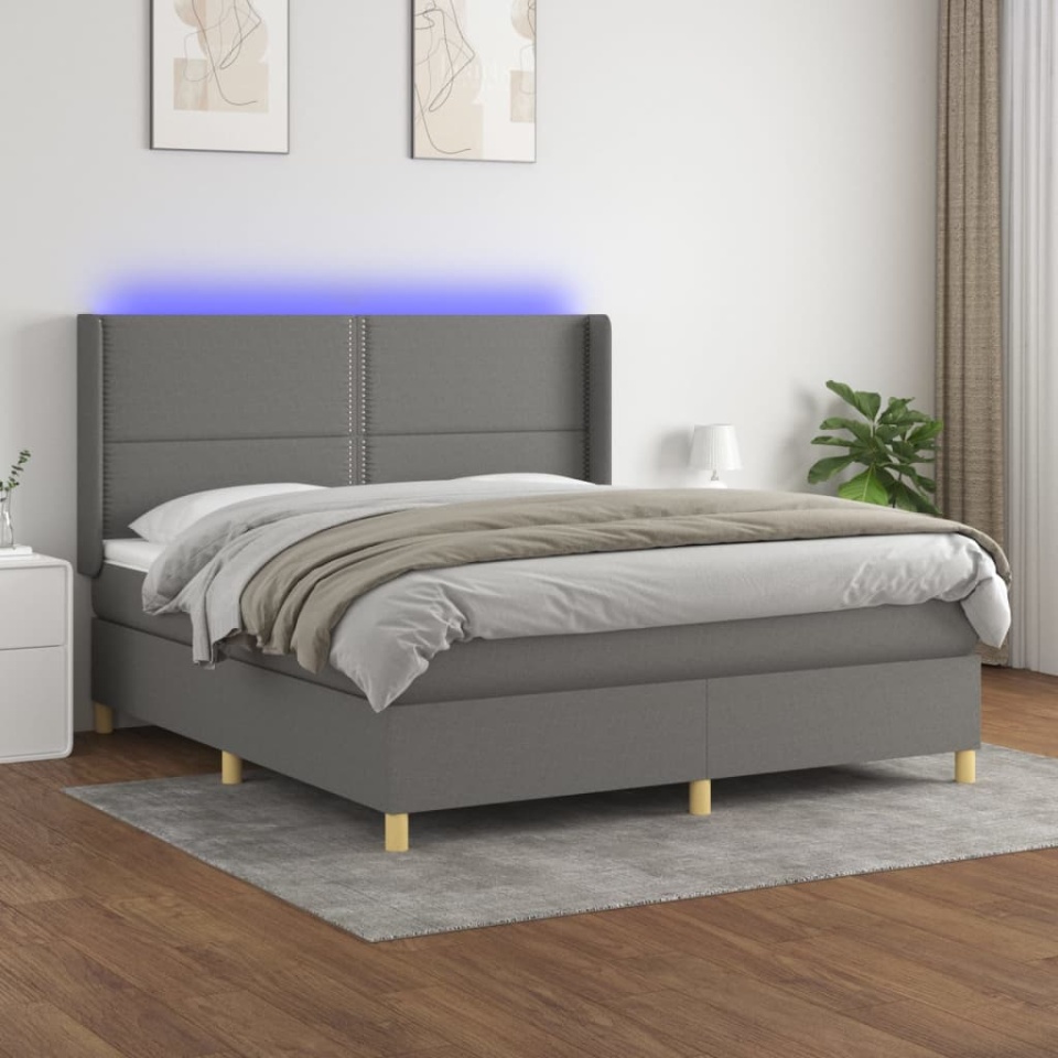 Pat cu arcuri, saltea și LED, gri închis, 180x200 cm, textil