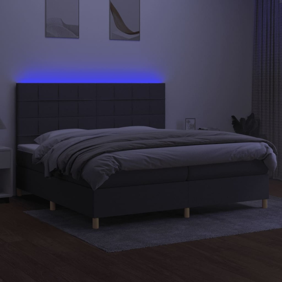 Pat cu arcuri, saltea și LED, gri închis, 200x200 cm, textil - 3 | YEO