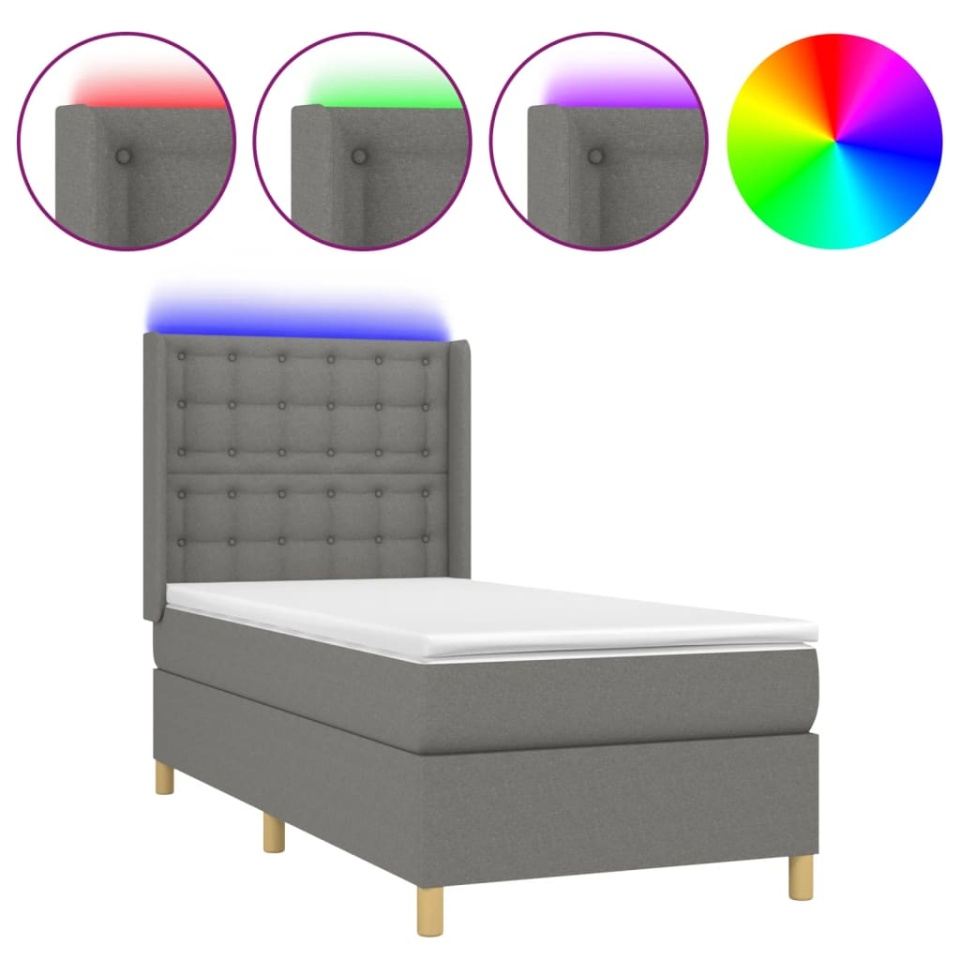 Pat cu arcuri, saltea și LED, gri închis, 90x190 cm, textil - 1 | YEO