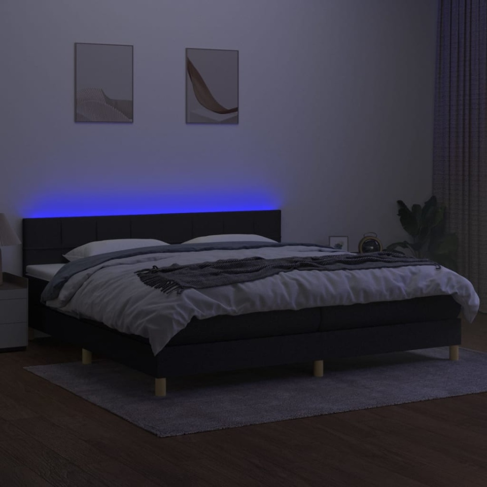 Pat cu arcuri, saltea și LED, negru, 200x200 cm, textil - 3 | YEO