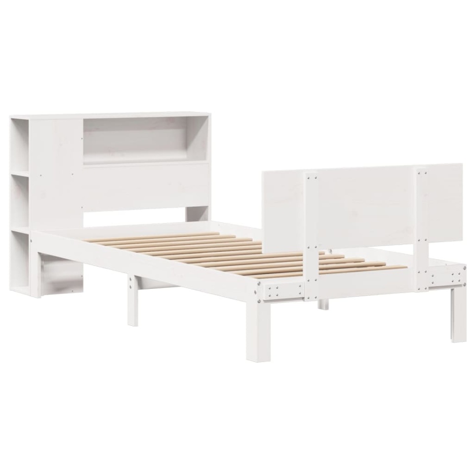 Pat cu bibliotecă fără saltea, alb, 100x200 cm, lemn masiv pin - 2 | YEO