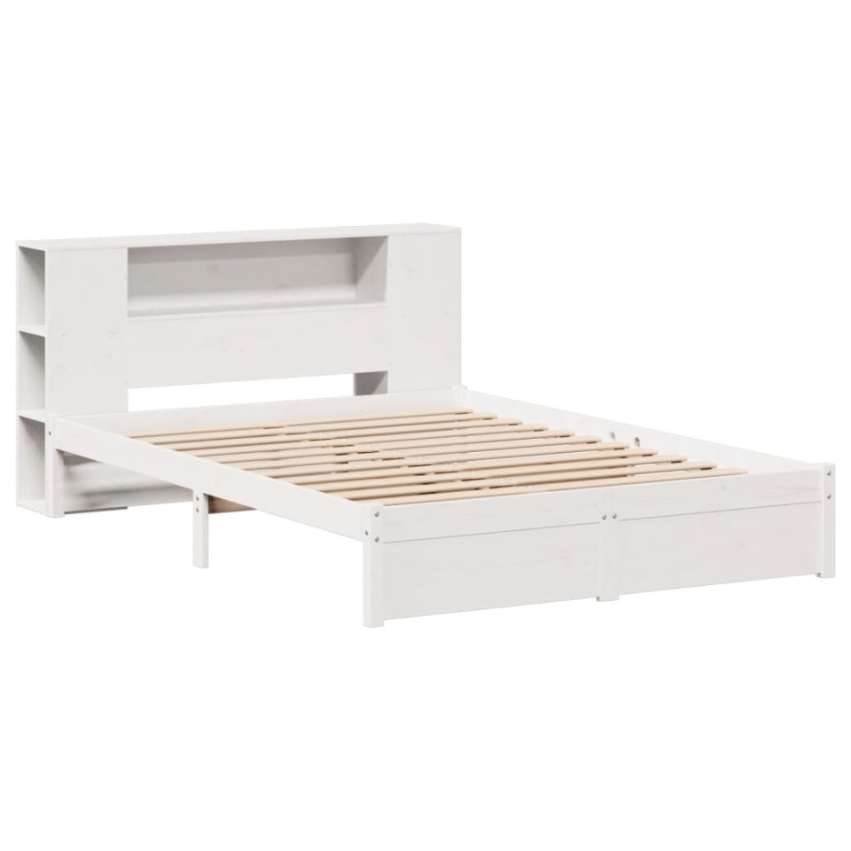 Pat cu bibliotecă fără saltea, alb, 140x190 cm, lemn masiv pin - 2 | YEO