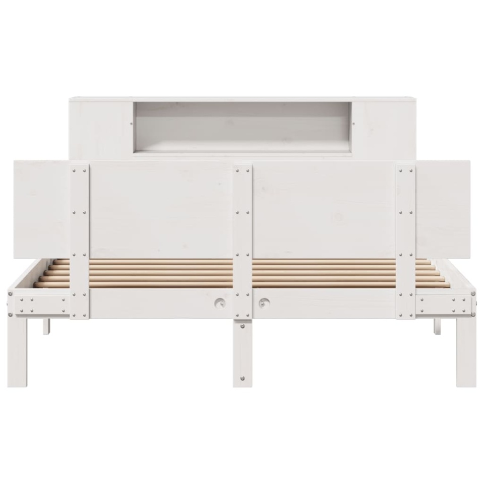 Pat cu bibliotecă fără saltea, alb, 140x190 cm, lemn masiv pin - 3 | YEO