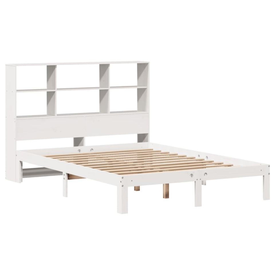 Pat cu bibliotecă fără saltea, alb, 140x190 cm, lemn masiv pin - 2 | YEO