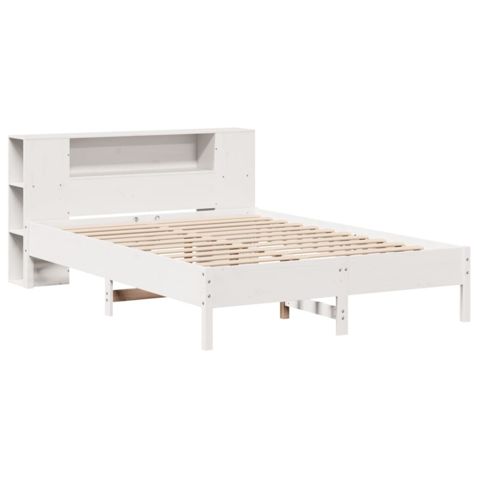 Pat cu bibliotecă fără saltea, alb, 150x200 cm, lemn masiv pin - 2 | YEO