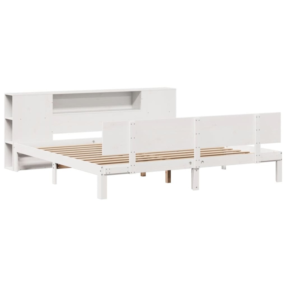 Pat cu bibliotecă fără saltea, alb, 200x200 cm, lemn masiv pin - 2 | YEO