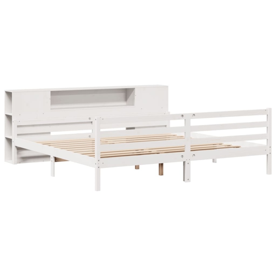 Pat cu bibliotecă fără saltea, alb, 200x200 cm, lemn masiv pin - 2 | YEO
